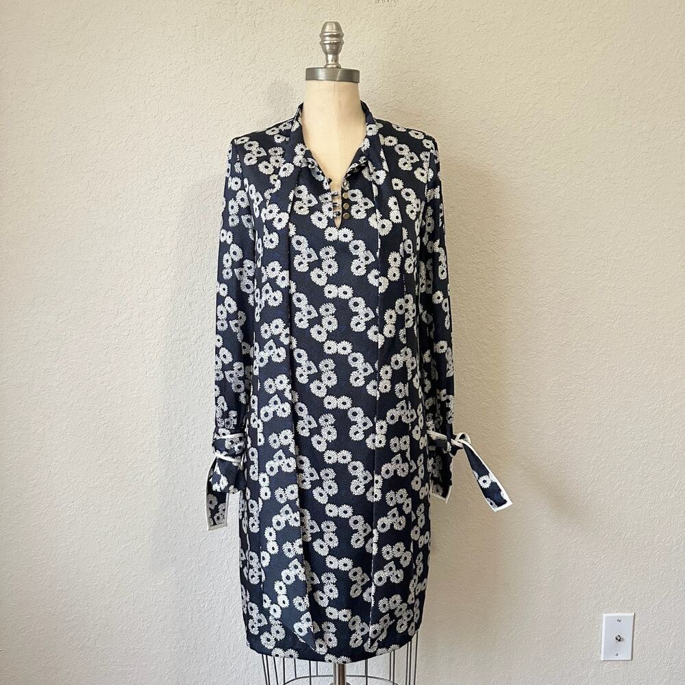 LELA ROSE Tunic Dress Navy Blue Floral Tie Neck Long Sleeve Shift NWT